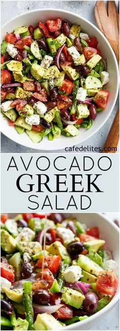 avocado greek salad with tomatoes, cucumbers and olives in a white bowl