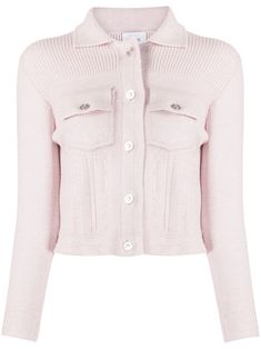 pink cashmere-cotton blend straight-point collar front button fastening drop shoulder long sleeves two chest flap pockets buttoned cuffs Ribbed Paneling, Knitted Jacket, High Fashion Outfits, Streetwear Fashion Women, Pink Outfits, Fashion Line, Fashion Fits, Jacket Design, Knit Jacket