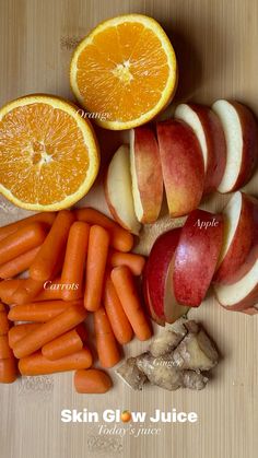 sliced apples, carrots, and oranges on a cutting board with the words skin glow juice