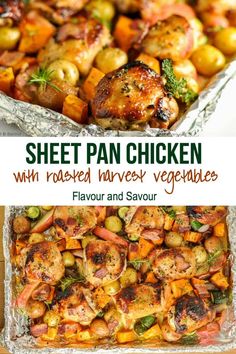 sheet pan chicken with roasted veggies and savory potatoes is an easy weeknight meal