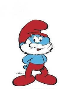 the blue and red cartoon character is smiling