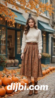 Midi Flowy Skirt Outfit, Village Style Clothes, Sweater With Flowy Skirt, Conservative Fall Outfits, Floral Fall Outfit, September Aesthetic Outfits, Maxi Skirt Outfit Autumn, Sweater Over Dress Outfit Autumn, Canada Fall Outfits