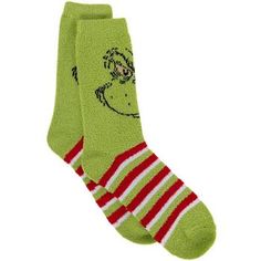 Size: Unisex 5 - 10 Color: Green, Red, White & Black Pattern: Stripes Content: 98% Polyester & 2% Spandex Age Grade: 14+ Quantity: 1 Pair Care: Machine Wash, Cold, With Like Colors Do Not Bleach Tumble Dry, Low Fill a stocking with these cozy Grinch Striped Fuzzy Crew Socks! These socks have a fuzzy green body that is soft to the touch. It features a red and white striped pattern on the bottom and the Grinch's smile near the top of the socks. Give your loved one a nostalgic treat this Christmas Fuzzy Christmas Socks, Green Super Soft Socks, Green Novelty Socks For Winter, Comfortable Super Soft Green Socks, Cozy Green Socks For Winter, Green Winter Socks, Comfortable Green Winter Socks, Playful Green Socks For Stocking Stuffers, Playful Green Winter Socks