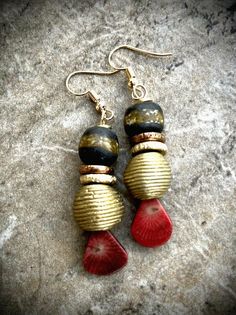 Tribal Boho Earrings Red Coral Ghanaian Ethnic Glass African Trade Beads African Beaded Jewelry, African Trade Bead Jewelry, Red Bamboo, Red Coral Earrings, Ear Art, Bamboo Coral, African Earrings, Brass And Copper, African Trade Beads