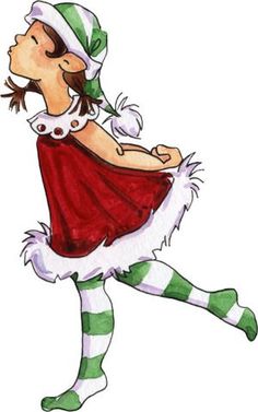 a drawing of a girl dressed as santa clause running with her hands in her pockets