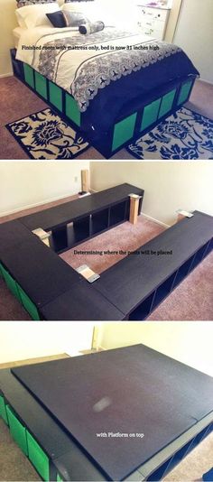 the bed frame is made to look like it has been built into an ottoman with drawers