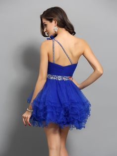 A-Line/Princess One-Shoulder Beading Sleeveless Short Organza Cocktail Dresses Sweet 16 Dresses Short, Blue Sweet 16, Organza Dresses, Cocktail Dresses Online, Tulle Material, Dresses Quinceanera, Evening Dresses Cocktail, Sweet 16 Dresses, Dresses Party