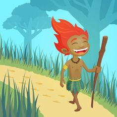 a cartoon character with red hair holding a stick and walking on a path in the grass