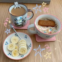 there is a bowl of oatmeal and banana slices next to a cup of coffee