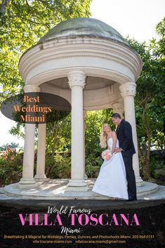 a bride and groom are standing in front of a gazebo with the words best wedding's miami written on it