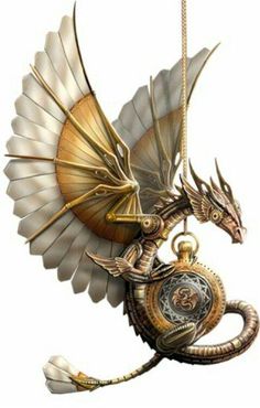 a gold and white dragon with wings on it's back, holding a clock