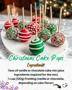 christmas cake pops are arranged on a white plate