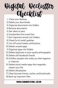 the digital declutter checklist is shown with text overlays that reads,