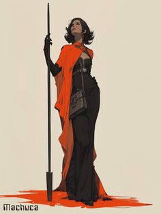 a woman holding a pole and wearing an orange cape