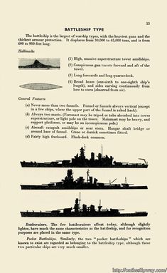 an old book with some type of battleship on it's page, and other information about the ship