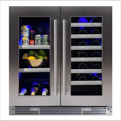 two stainless steel refrigerators side by side with drinks and beverages in the door, both open