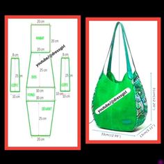 two pictures showing the measurements for a handbag, and an image of a purse