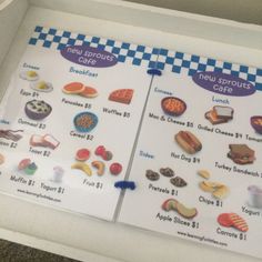 two menus with different types of food on them