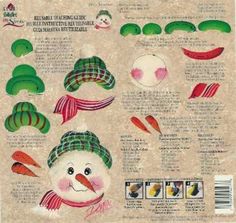 the back and side of a package with an image of a snowman wearing a green hat