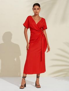 Women's Tencel Linen Orange Red V Neck Shirred Wrap Midi Dress 2024 - $65.90 Casual Wrap Dress, Ascot Dresses, Cheap Dresses Casual, Printed Casual Dresses, White Long Sleeve Dress, Dress 2024, Wrap Midi Dress, White Maxi Dresses, Types Of Dresses