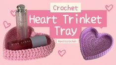 a crochet heart trinket tray with lipstick and lip balm in it