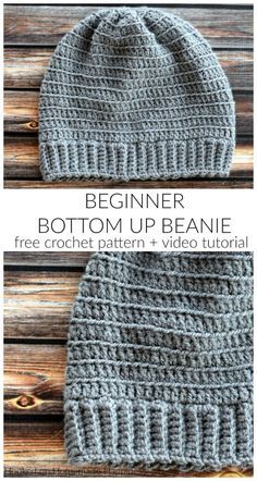 two crocheted beanies with text that says beginner bottom and bottom up beanie