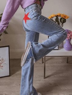 Firecracker Flare Jeans Back Star Patchwork Jeans - AnotherChill Celana Jins Wanita, Y2k Tees, Celana Jins, Star Patchwork, Jeans Online Store, Birthday Things, Look Grunge, Blue Flare Jeans, Patch Jeans