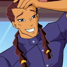 an animated image of a man with long braids on his head and wearing a purple uniform