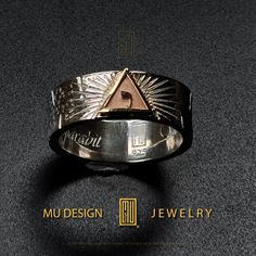 - The main body (925k Sterling Silver) -  Hebrew yod in the gold triangle (14k Rose Gold) - "Virtus Junxit Mors Non Separabit" written inside ✔ Rings have MU Design brand stamps and metal purity stamps to guarantee originality. ✔ Made by P.M Bro. Murat Bakis (Founder of Mu Design), every touch on his work of art is the distilled knowledge of his 40 years of a design career and in-depth knowledge of masonic and mystic history. His crafts are known and used worldwide in all masonic communities and Flower Of Life Pattern, Masonic Symbols, Mystical Jewelry, Gold Triangle, Design Career, Wooden Gift Boxes, Hand Cast, Solid Metal, 40 Years