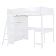 a white loft bed with a desk underneath it