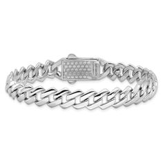 Rhodium over sterling silver Monaco link chain bracelet with cubic zirconia stones and polished finish. Measures approximately 7 1/2"L x 5/16"W. Completes with box catch clasp. Classic White Gold Cuban Link Sterling Silver Bracelet, Elegant White Gold Cuban Link Bracelet In Stainless Steel, Classic White Gold Cuban Link Bracelet For Anniversary, Elegant Sterling Silver Bracelets With Curb Chain, Classic Cubic Zirconia Bracelet With Solid Link, Sterling Silver Cuban Link Bracelet With Polished Finish, Modern Sterling Silver Cubic Zirconia Bracelet, Sterling Silver Tennis Bracelet With Diamond Accents, Formal Sterling Silver Cuban Link Bracelet With Polished Finish