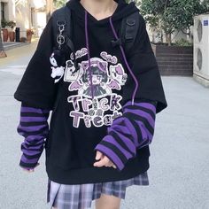 Anime Girl Cartoon Casual Stripe Loose Oversized Hoodie Sweater Sweatshirt Long Sleeve Pullover E-Girl Kawaii Korean Japanese Harajuku Streetwear sold by TeddyLoveEve on Storenvy Sweatshirts Hoodie Women, Kawaii Hoodies, Alt Clothes, Alt Outfits, Emo Outfits, Plus Size Vintage, Anime Hoodie, Sweatshirt Women, Loose Outfit