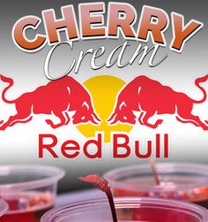 red bull ice cream is being poured into plastic cups with the words cherry cream on top