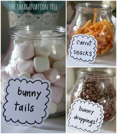 there are many different types of candies in glass jars with labels that say carrot snacks and bunny tails