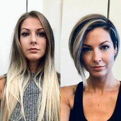 Before-After-Women-Cutting-Hair Bob Lung, Long Hair Cut Short, Best Hair Stylist, Angled Bob Hairstyles, Edgy Haircuts, Long To Short Hair, Boring Hair, Luscious Hair, Corte De Cabelo Masculino