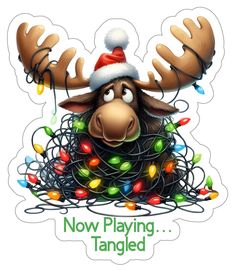 a moose wearing a christmas hat with lights on it's antlers and the words now playing tangled