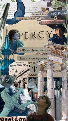 collage of people and books with the words percy on them