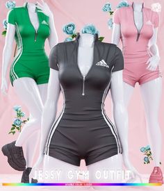 three female mannequins wearing sports wear with flowers in the background