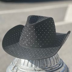 "Black Cowboy Hat, Western Hat, Rancher's Hat, Rhinestone Hat,  Cowboy style hat sewn from faux suede. Brim width: 3.5 inches. Crown height: 5 inches Fits up to 23 inches head size. encrusted with tiny rhinestones.  There is a drawstring on the inside to adjust the fit. To measure your head:  Place a measuring tape on your forehead just above eyebrow level and pass it around your head, ensuring that the widest part of the head is included. Common sizes for women are about 21 1/2\"/56 cm -23\"/59.6 cm. Men are about 22\"-24\". It should be a snug measurement, I will add 1/2\"/1.3cm for ease." Black Brimmed Hat With Rhinestones, Black Wide Brim Hat With Rhinestones, Rhinestone Short Brim Hats For Rodeo, Rhinestones Embellished Short Brim Hats For Rodeo, Rhinestone-embellished Short Brim Hat For Rodeo, Western Hats With Rhinestones And Short Brim, Western Style Hats With Rhinestones And Short Brim, Western Style Short Brim Hat With Rhinestones, Western Style Fedora With Rhinestones