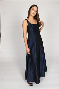 Size: Small Color: Navy Blue Material: Unknown Length: 56" Chest Width: 14" Waist (flat): 13" Waist: 26" Vintage Condition Notes: - There is a split seam in the back at the bottom of the zipper.   Brand: Unknown A Line Maxi Dress, Clothing Items, Art Collection, A Line, Bathing Beauties, Navy Blue, Maxi Dress, Satin, Couture