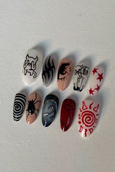 six different nail designs are shown on a white surface with red and black stars around them