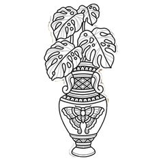 a black and white drawing of a potted plant with leaves on it's side