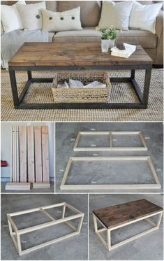 the coffee table is made out of wood and metal