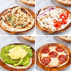 four different types of pizzas on wooden plates with cheese and avocado slices