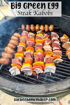 Try out these tasty Big Green Egg Steak Kabobs! They're made with delicious marinated beef, colorful peppers, onions, and other veggies of your choice.