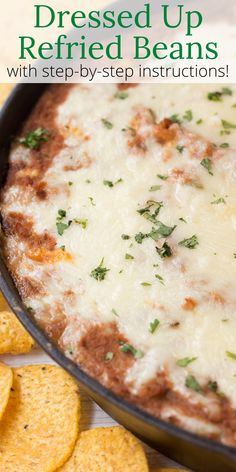 baked up refried beans with step - by - step instructions in a skillet