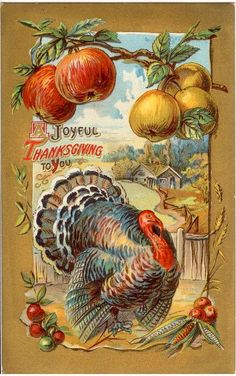 a thanksgiving card with an image of a turkey and apples hanging from a tree branch