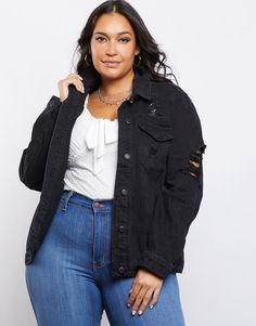 We're sure that the Curve Morgan Distressed Denim Jacket is the perfect lightweight jacket to have this summer! The jacket features light distressing all over, two chest pockets and two hip pockets, buttoned cuffs on the sleeves, and a wide collar. With six functional front buttons, and a rigid, non-stretchy denim, it's an easy outer layer. Just throw this jacket on over anything from a tank top to a sundress. It's a definite must-have! Model is 5'8", bust 38, waist 32", hips 47", and is wearing Edgy Denim Jacket With Button Closure For Spring, Edgy Button-up Denim Jacket For Spring, Edgy Distressed Outerwear For Spring, Edgy Distressed Spring Outerwear, Trendy Ripped Button-up Outerwear, Edgy Distressed Medium Wash Outerwear, Edgy Ripped Denim Jacket For Spring, Trendy Ripped Button-up Denim Jacket, Spring Distressed Button-up Denim Jacket