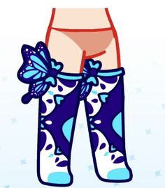 a pair of blue and white socks with butterflies on the bottom, one leg up