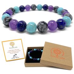 This beautiful Sagittarius Birthstone  Crystal Power bead bracelet makes a perfect gift. This Sagittarius Bracelet is made using the following quality crystal gemstone beads 8mm - Lapis Lazuli, Turquoise, Snowflake Obsidian, Amethyst. Avalable in S/M/L/XL (see size/measuring guide in listing pictures) Small - 6.25 inches/16cm Medium - 7.25 inches/18.5cm (recommended for most Woman) Large - 8 inches/20cm  (recommended for most Men) X Large 9 inches/23cm Our Bracelets are all made using a quality stretch beading elastic and will comfortably stretch but you don't want it too tight. The bracelet comes in a beautiful embossed gift box with a Soul Cafe gift tag. The tag contains key information about Sagittarius crystals and traits. Please note there can be small discrepancies with zodiac sign d Spiritual 8mm Beads Jewelry For Birthday Gift, Spiritual Jewelry With 8mm Beads For Birthday Gift, Turquoise Crystal Bracelet With 8mm Beads As Gift, Gift Turquoise Crystal Bracelet With 8mm Beads, Turquoise Gemstone Beaded Bracelets As Gift, Purple Round Bead Gemstones For Gifts, Turquoise Crystal Bracelet With Natural Stones Gift, Spiritual Turquoise Gemstones For Gift, Spiritual Beaded Bracelets With 8mm Beads For Birthday Gift